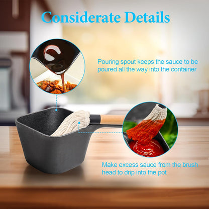 Outspark Cast Iron Pot and BBQ Mop Brush for Sauce,Basting Pot and Grill Mop Brushes,Universal Cookware/Grilling Accessories,24 Oz Saucepan,2 Replacement Cotton Mop Heads