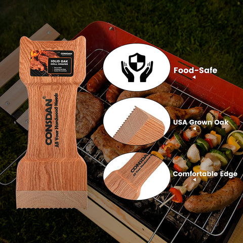 Image of Grill Scraper, Soild Oak Wooden Grill Brush, Grill Scraper for Outdoor Grill, Bristle Free Grill Scrapers, Grill Grate Cleaner Safe Wood Grill Brusher