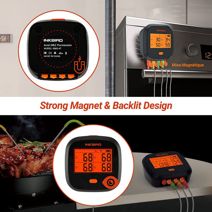 Wifi Grill Thermometer, Wireless BBQ Thermometer for Grilling Roasting Cooking Smart Digital Remote Meat Thermometer with Graph Alarm Timer 4 Probes Rechargeable