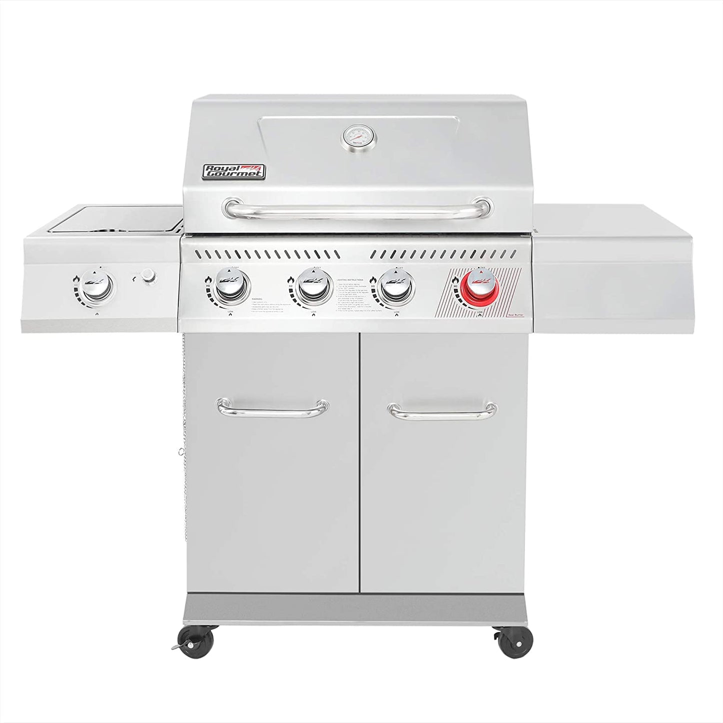 GA4402S Stainless Steel 4-Burner BBQ Propane Gas Grill, 54000 BTU Cabinet Style Gas Grill with Sear Burner and Side Burner Perfect Patio Garden Picnic Backyard Party Silver