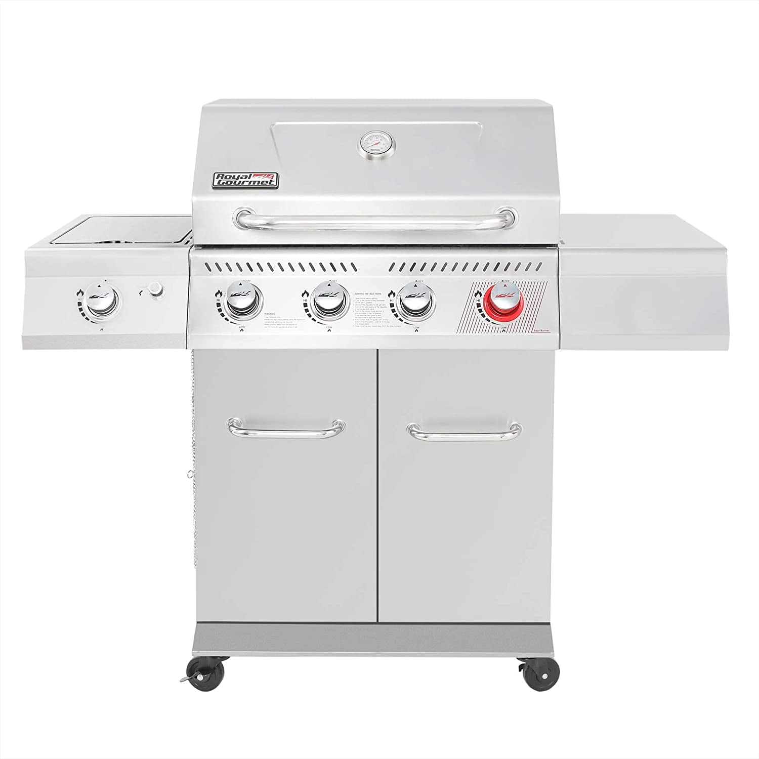 GA4402S Stainless Steel 4-Burner BBQ Propane Gas Grill, 54000 BTU Cabinet Style Gas Grill with Sear Burner and Side Burner Perfect Patio Garden Picnic Backyard Party Silver