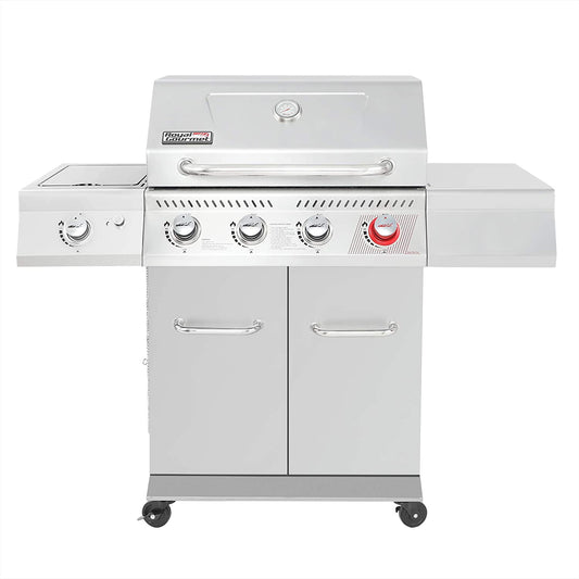 GA4402S Stainless Steel 4-Burner BBQ Propane Gas Grill, 54000 BTU Cabinet Style Gas Grill with Sear Burner and Side Burner Perfect Patio Garden Picnic Backyard Party Silver
