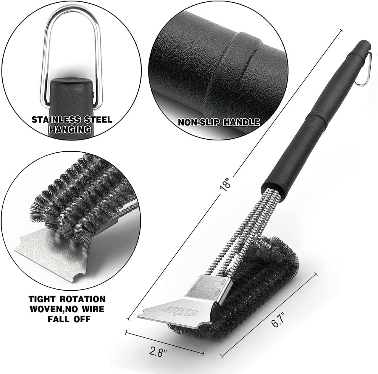 Grill Brush and Scraper BBQ Brush for Grill, Safe 18" Stainless Steel Woven Wire 3 in 1 Bristles Grill Cleaning Brush, BR-4516