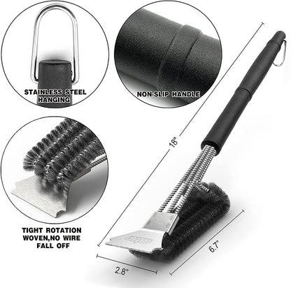 Grill Brush and Scraper BBQ Brush for Grill, Safe 18" Stainless Steel Woven Wire 3 in 1 Bristles Grill Cleaning Brush, BR-4516