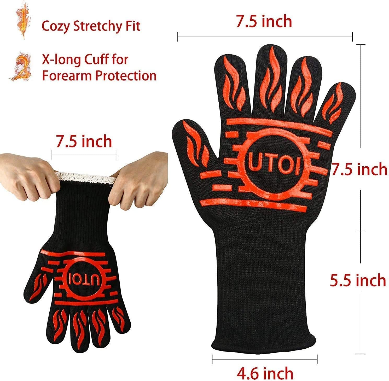 BBQ Grill Gloves, 1472°F Heat Resistant Barbecue Gloves Oven Mitts for Kitchen Garden BBQ Grilling and Outdoor Cooking Campfire, EN407 Certified, 1 Pair, 13 Inch Long Extra Forearm Protection
