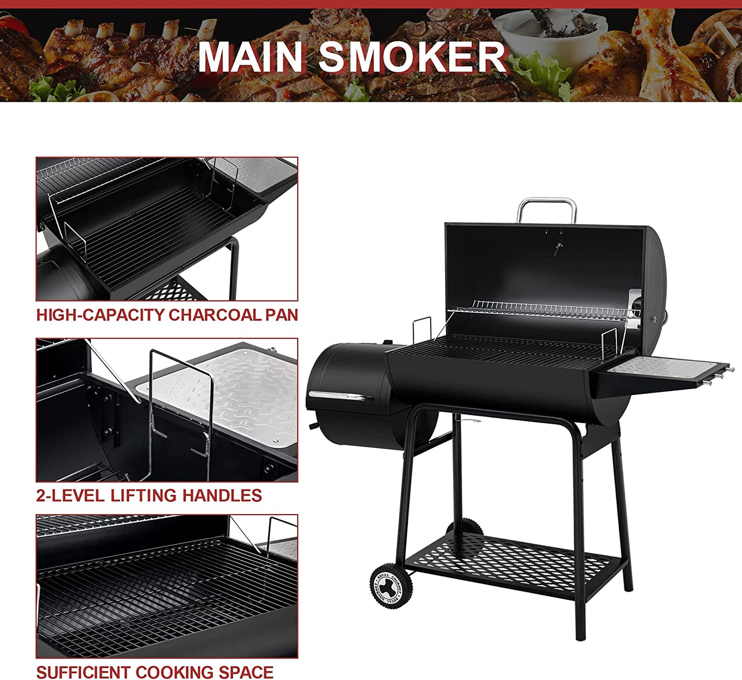 CC1830M 30-Inch Barrel Charcoal Grill with Offset Smoker, 811 Square Inches, Outdoor Backyard, Patio and Parties, Black, Large