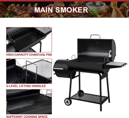 CC1830M 30-Inch Barrel Charcoal Grill with Offset Smoker, 811 Square Inches, Outdoor Backyard, Patio and Parties, Black, Large