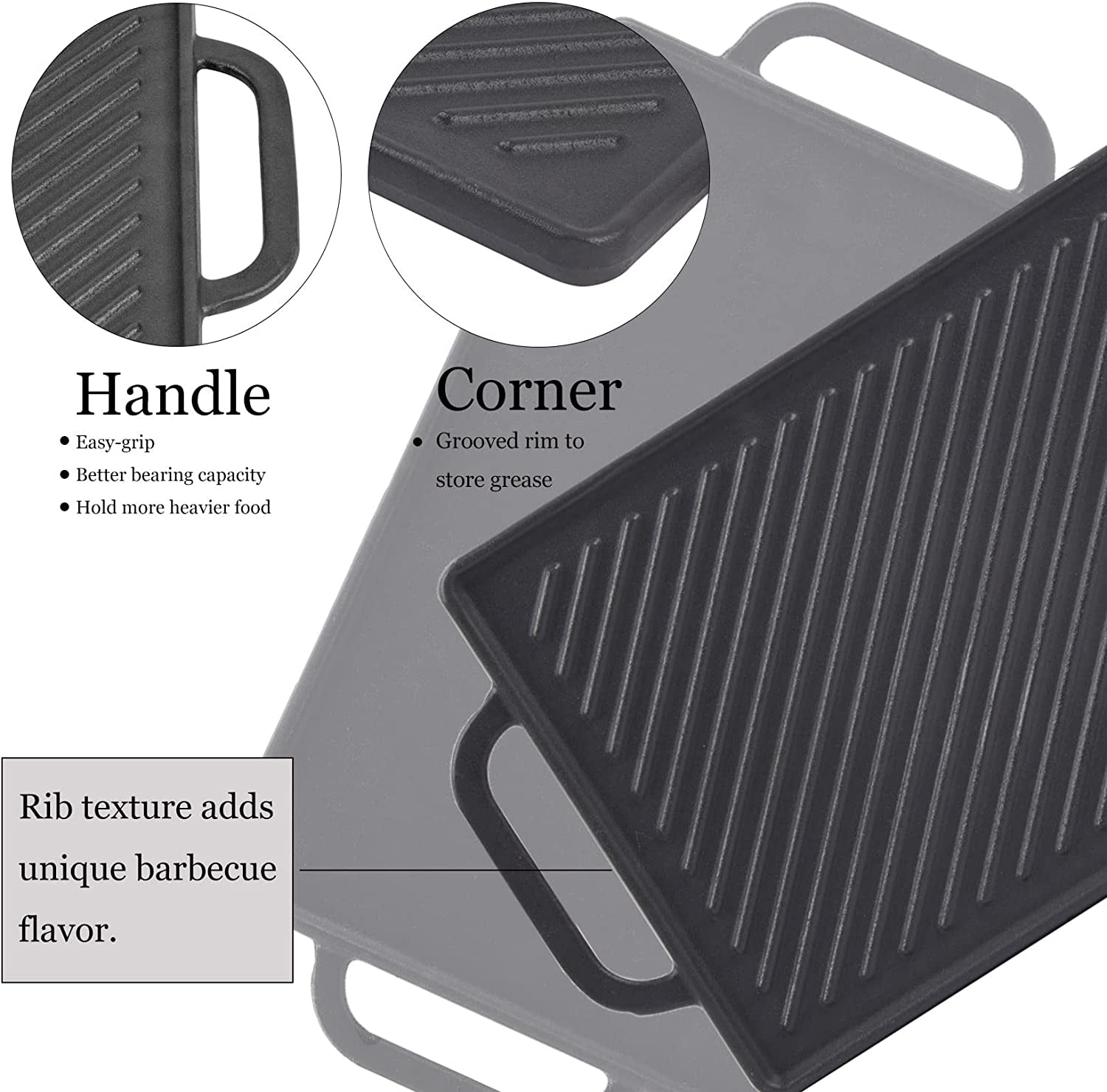 Cast Iron Reversible Grill Griddle，Double Sided Grill Pan Perfect for Gas Grills and Stove Tops, 13 X 8.25 Rectangular Baking Flat and Ribbed Griddle Plate