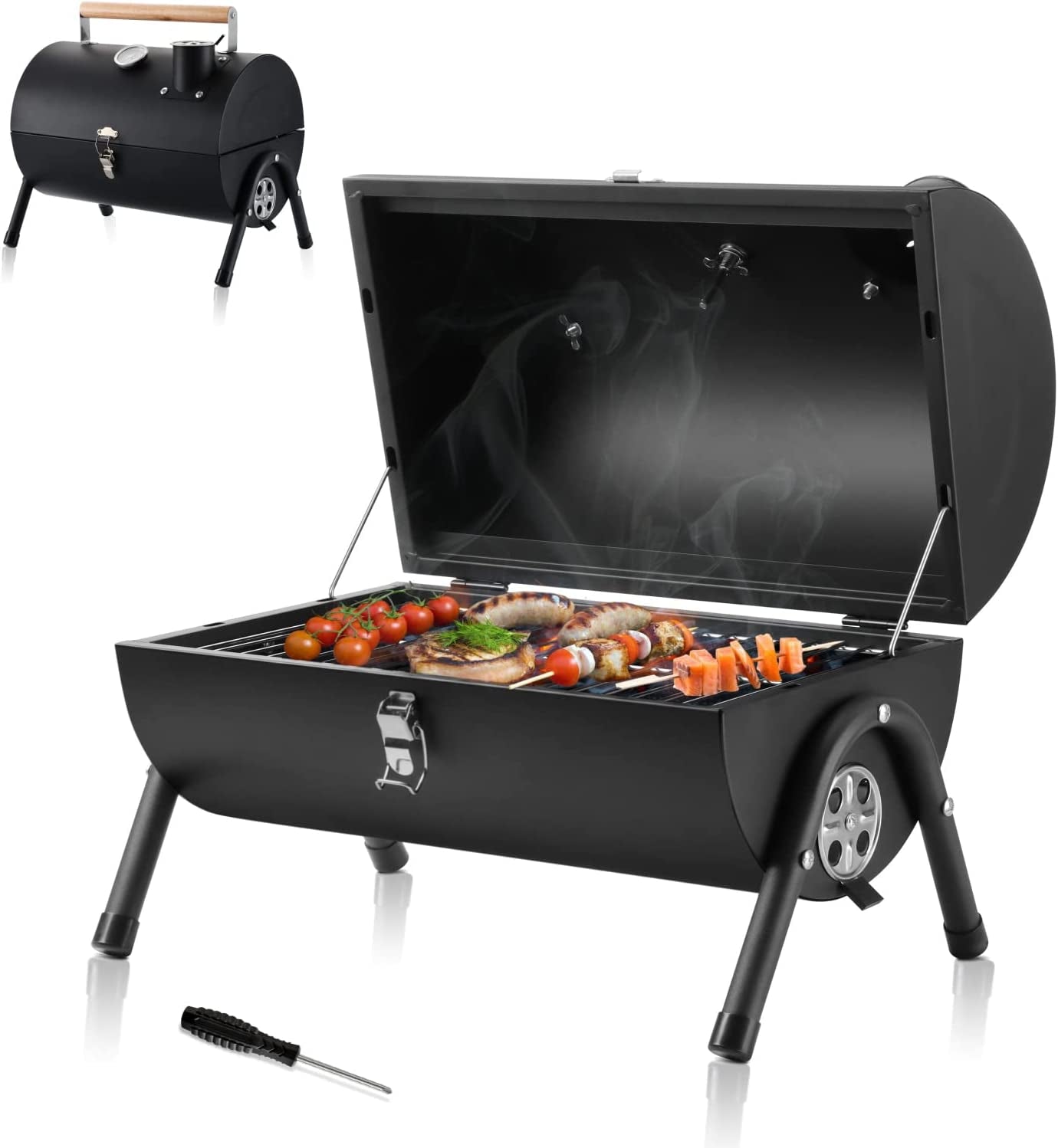 Portable Charcoal Grill, Hasteel Small Folding Outdoor Grill, Mini Black Barbecue Grill with Thermometer, Compact Tabletop BBQ Grill for Camping Picnic Backyard Patio, 116 Square Inches & Screwdriver