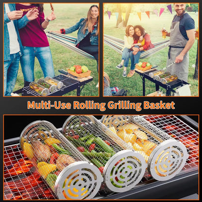 Wrakus Rolling Grilling Baskets for Outdoor - Grill Grate Charcoal round BBQ Stainless Steel Basket Campfire Grid Camping Picnic Cookware 1 (2PCS 300 * 90 90Mm)