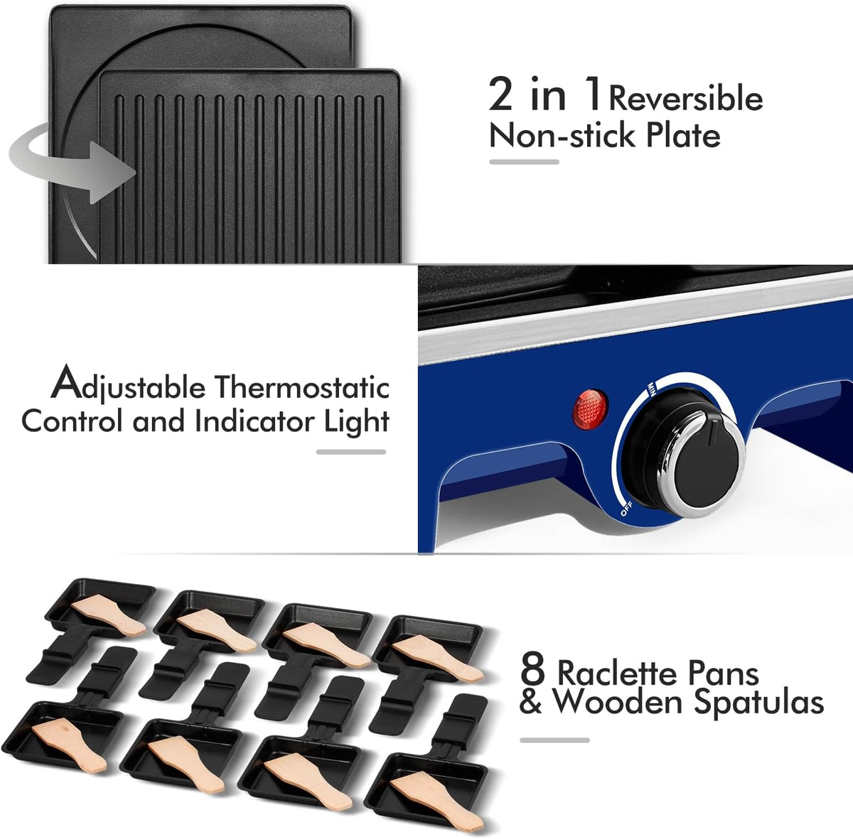 Raclette Table Grill,  Electric Grill, 1500W Korean BBQ Grill, Cheese Raclette Indoor Grill with 2 in 1 Reversible Non-Stick Plate, Crepe Maker with 8 Paddles & Shovels, Blue Upgraded Version