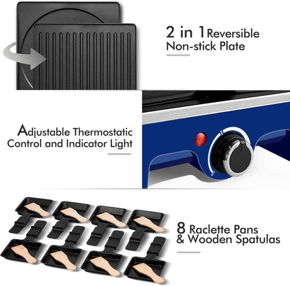 Raclette Table Grill,  Electric Grill, 1500W Korean BBQ Grill, Cheese Raclette Indoor Grill with 2 in 1 Reversible Non-Stick Plate, Crepe Maker with 8 Paddles & Shovels, Blue Upgraded Version