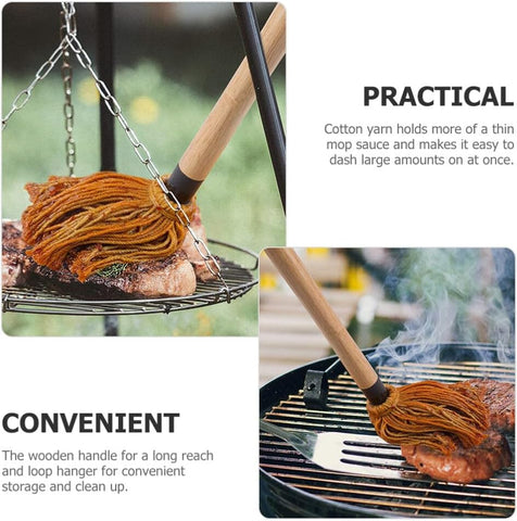 Image of Amosfun Mop Grill Basting Mop 2Pcs Long Wood Handle BBQ Sauce Brushes Cotton Fiber Heads Barbecue Mop for Roasting Grilling Steak Brush