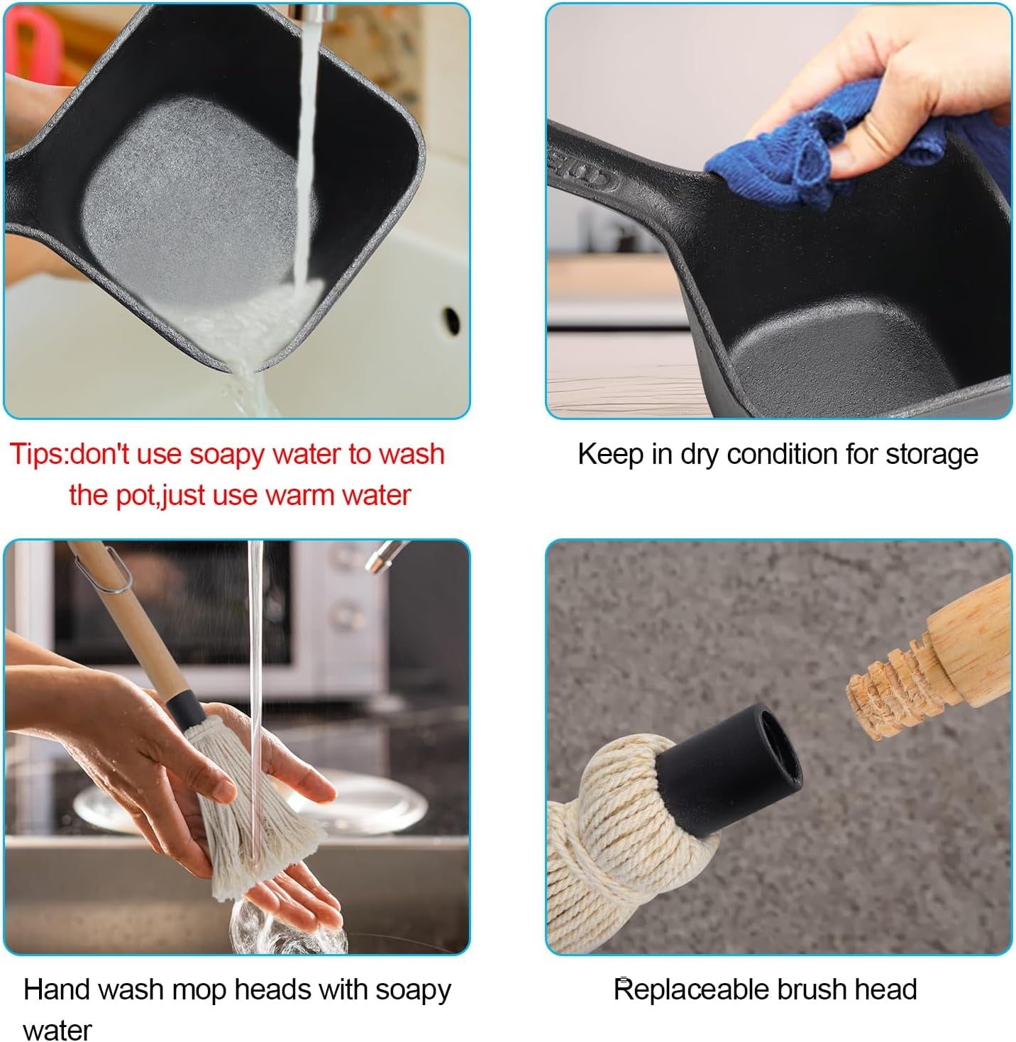 Outspark Cast Iron Pot and BBQ Mop Brush for Sauce,Basting Pot and Grill Mop Brushes,Universal Cookware/Grilling Accessories,24 Oz Saucepan,2 Replacement Cotton Mop Heads