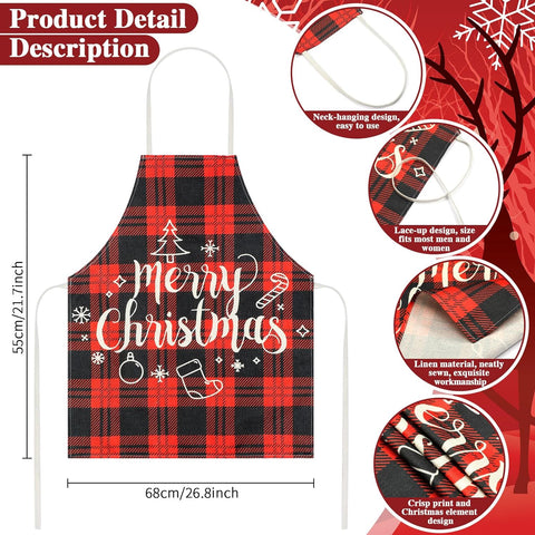 Image of 8 Pcs Christmas Buffalo Plaid Aprons Waterproof Holiday Kitchen Aprons Xmas Adjustable Baking Cooking Aprons Merry Christmas Aprons for Women Men Adults Chef Housewife