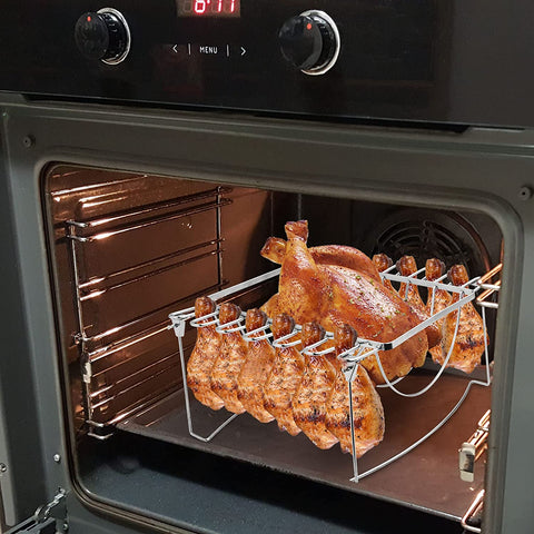 Image of 3-In-1Turkey Roasting Rack Rib Rack for Smoking & Chicken Leg Rack for Oven Grill - Holds 6 Large Ribs, 12 Chicken Leg Wing, 1 Whole Chicken - Premium Foldable Space-Saving Grilling Smoking Accessory