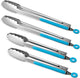 304 Stainless Steel Kitchen Cooking Tongs,9" and 12" Set of 4 Sturdy Grilling Barbeque Brushed Locking Food Tongs with Ergonomic Grip, Blue