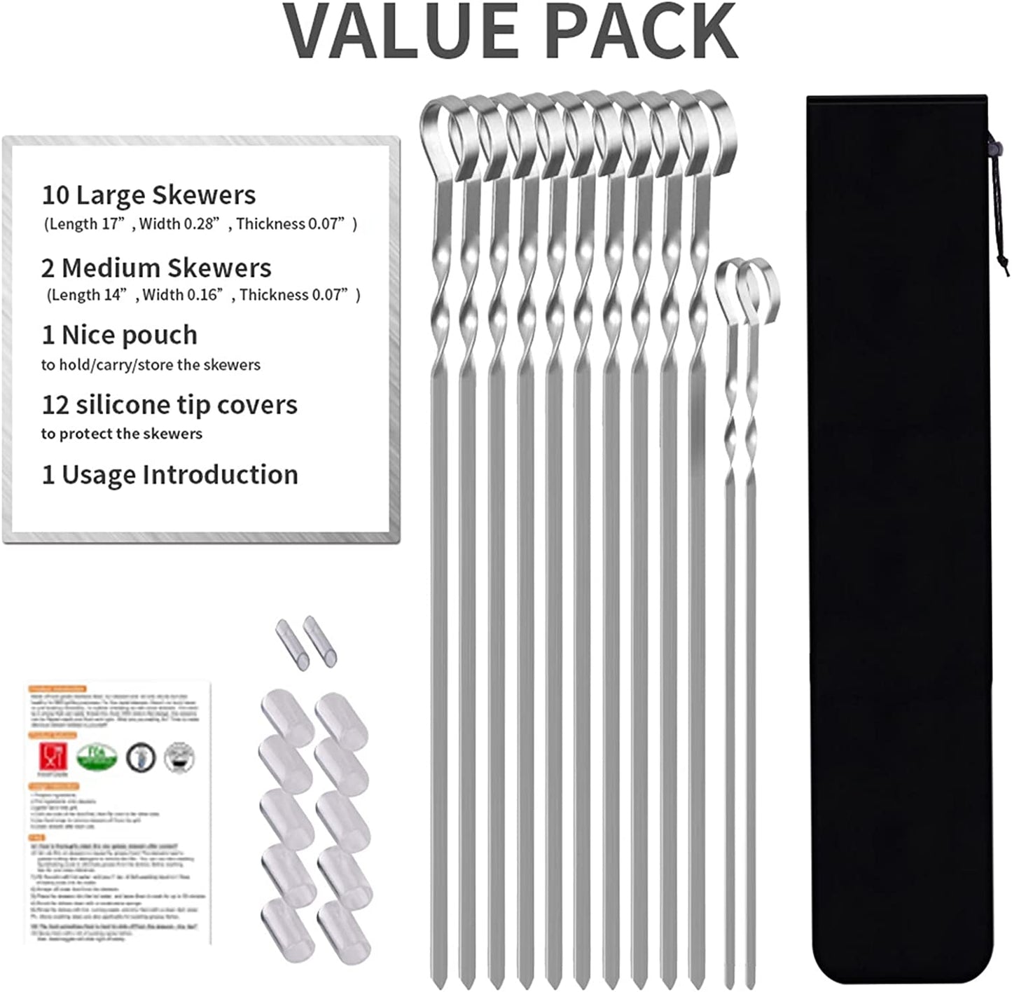 Skewers for Kabobs, 17" Metal Kebab Skewers for Grilling Flat Long Stainless Steel Kabob Skewers Sticks, Reusable Grill Shish BBQ Barbecue Skewers for Meat Chicken Vegetable, 12 Pack Bonus 14 Inch