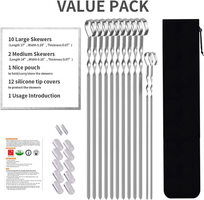 Skewers for Kabobs, 17" Metal Kebab Skewers for Grilling Flat Long Stainless Steel Kabob Skewers Sticks, Reusable Grill Shish BBQ Barbecue Skewers for Meat Chicken Vegetable, 12 Pack Bonus 14 Inch