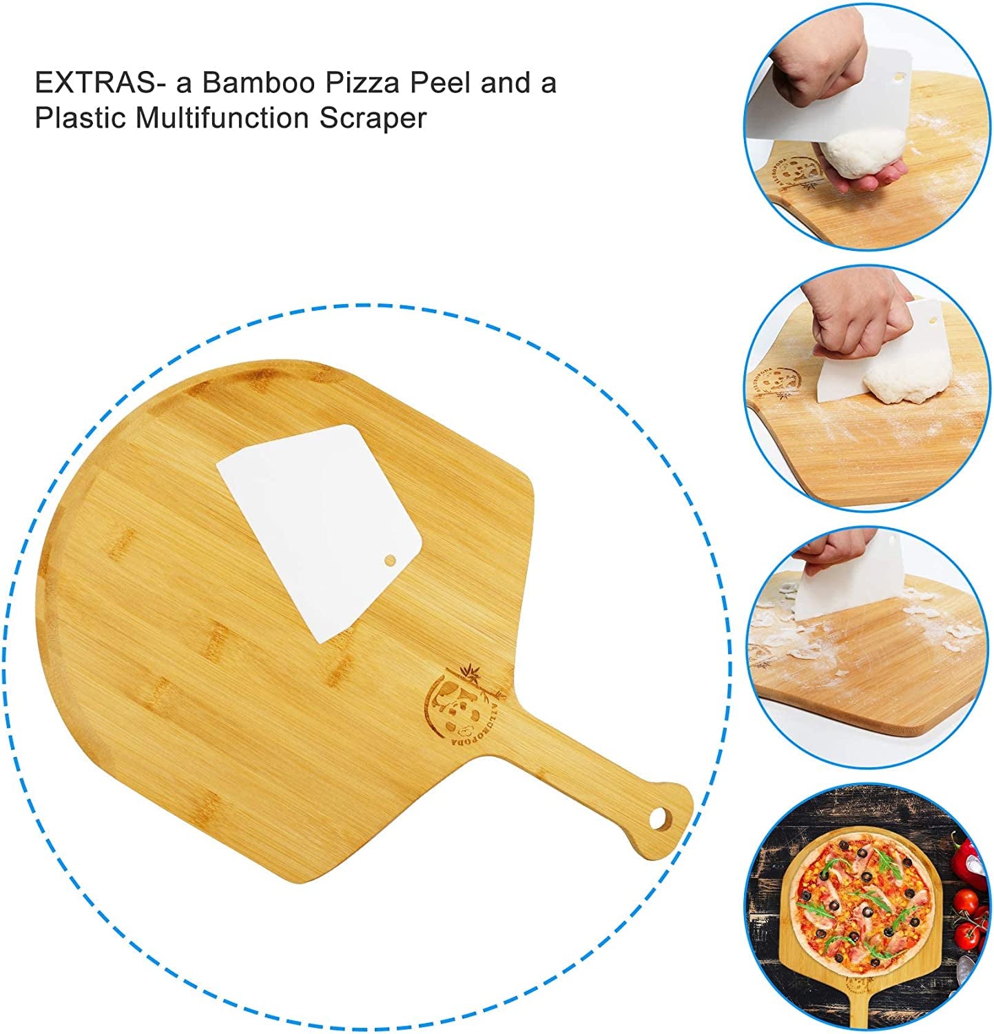 13" round Pizza Stone for Oven and Grill with Bamboo Pizza Paddle, Cleaning Scraper and Recipe Cordierite Baking Stone for Oven Thermal Shock Resistant