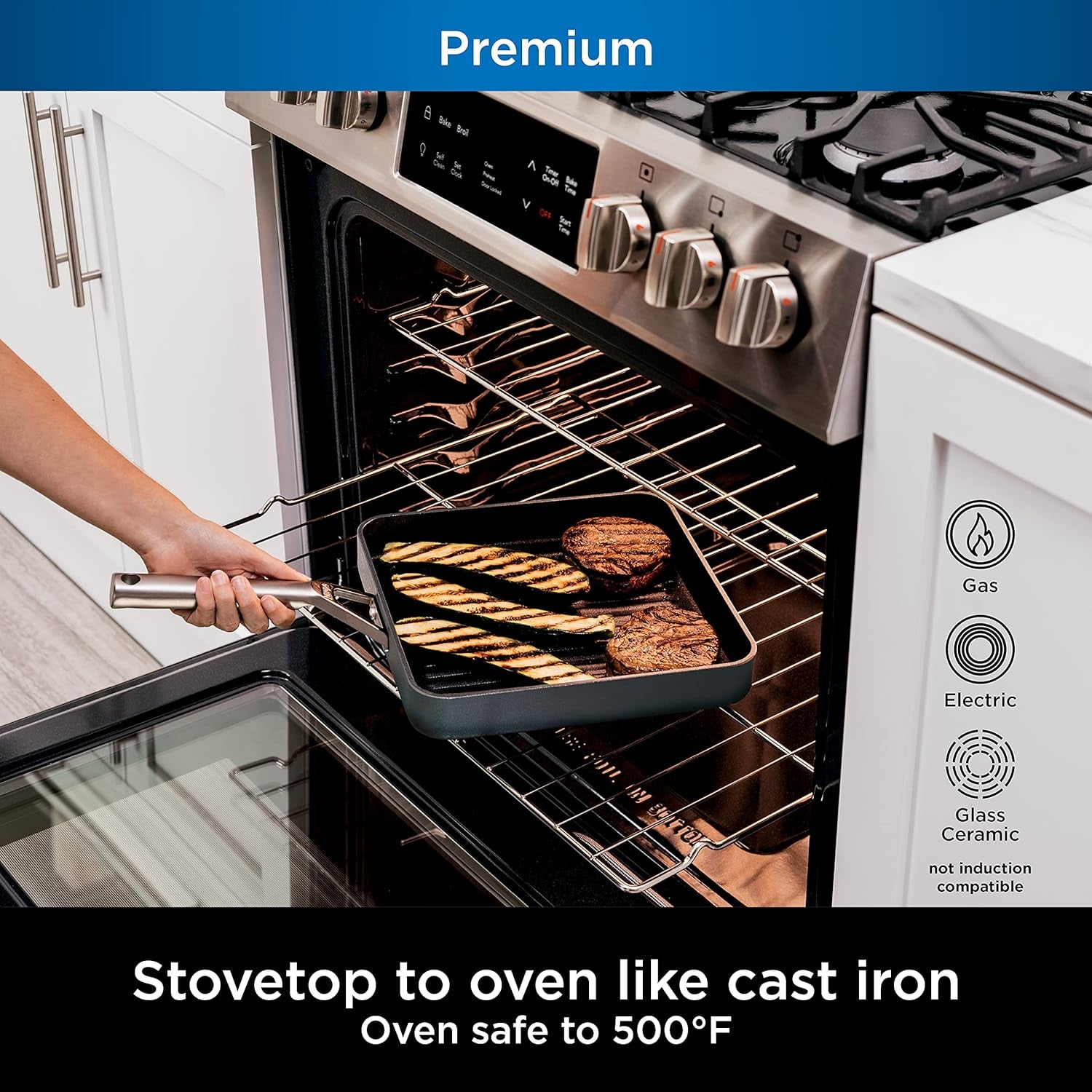 C30528 Foodi Neverstick Premium 11-Inch Square Grill Pan, Hard-Anodized, Nonstick, Durable & Oven Safe to 500°F, Slate Grey