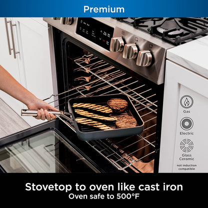 C30528 Foodi Neverstick Premium 11-Inch Square Grill Pan, Hard-Anodized, Nonstick, Durable & Oven Safe to 500°F, Slate Grey