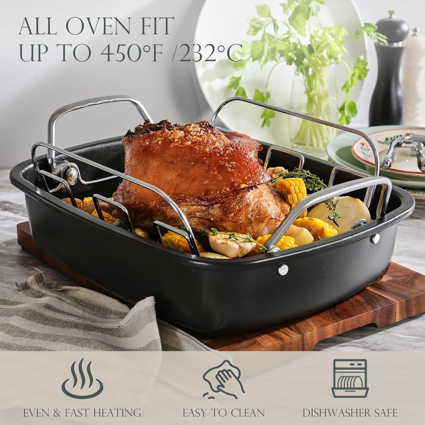 KITESSENSU Nonstick Turkey Roasting Pan with Rack 17 X 14 Inch - Large Chicken Roaster Pan for Oven - Wider Handles & Heavy Duty Construction - Suitable for 24Lb Turkey, Gray