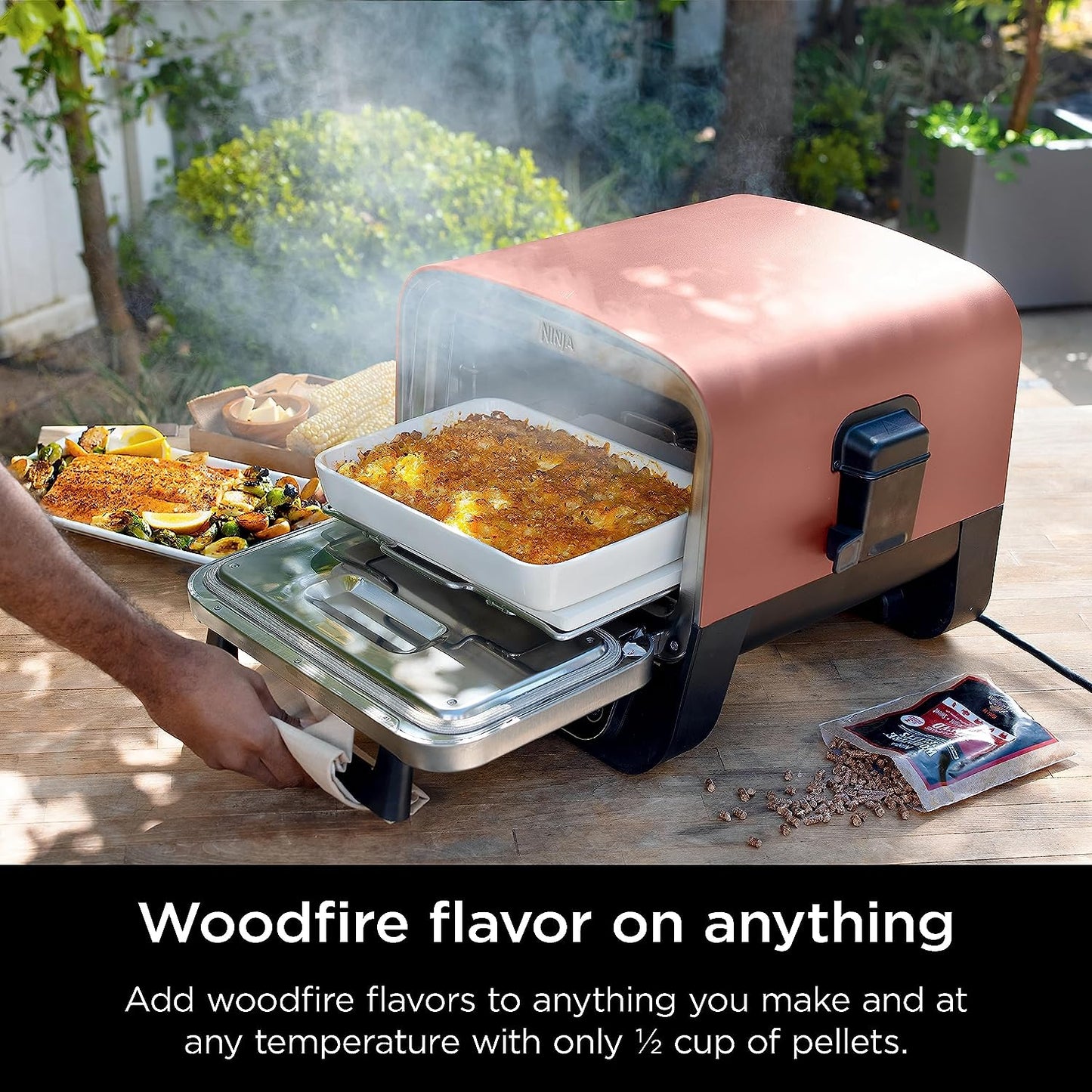 Woodfire Pizza Oven, 8-In-1 Outdoor Oven, 5 Pizza Settings,  Woodfire Technology, 700°F High Heat, BBQ Smoker, Wood Pellets, Pizza Stone, Electric Heat, Portable, Terracotta Red, OO101