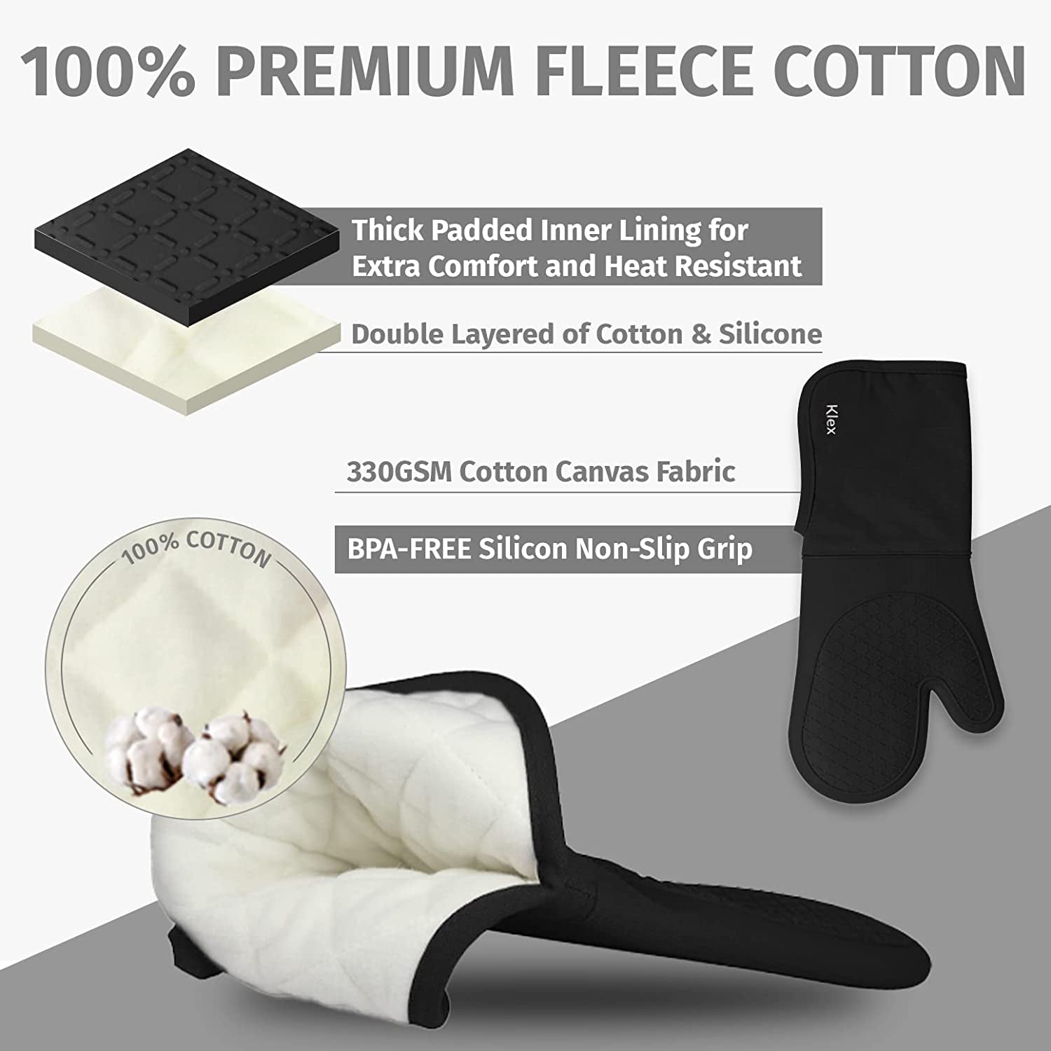 Extra Long Silicone Oven Mitts and Pot Holders, 932°F Degrees Heat Resistance with Quilted Liner Oven Gloves and Hot Pads, 4 Piece Set, 15 Inch, Black