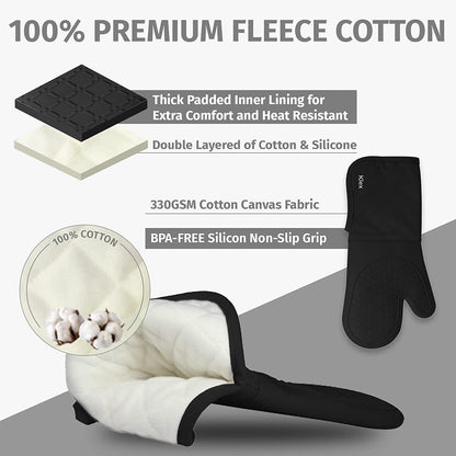 Extra Long Silicone Oven Mitts and Pot Holders, 932°F Degrees Heat Resistance with Quilted Liner Oven Gloves and Hot Pads, 4 Piece Set, 15 Inch, Black