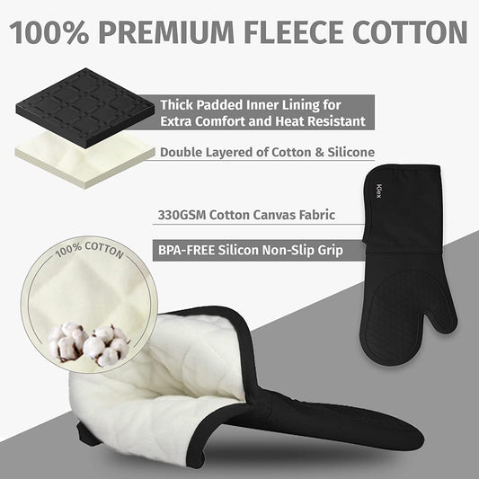 Extra Long Silicone Oven Mitts and Pot Holders, 932°F Degrees Heat Resistance with Quilted Liner Oven Gloves and Hot Pads, 4 Piece Set, 15 Inch, Black