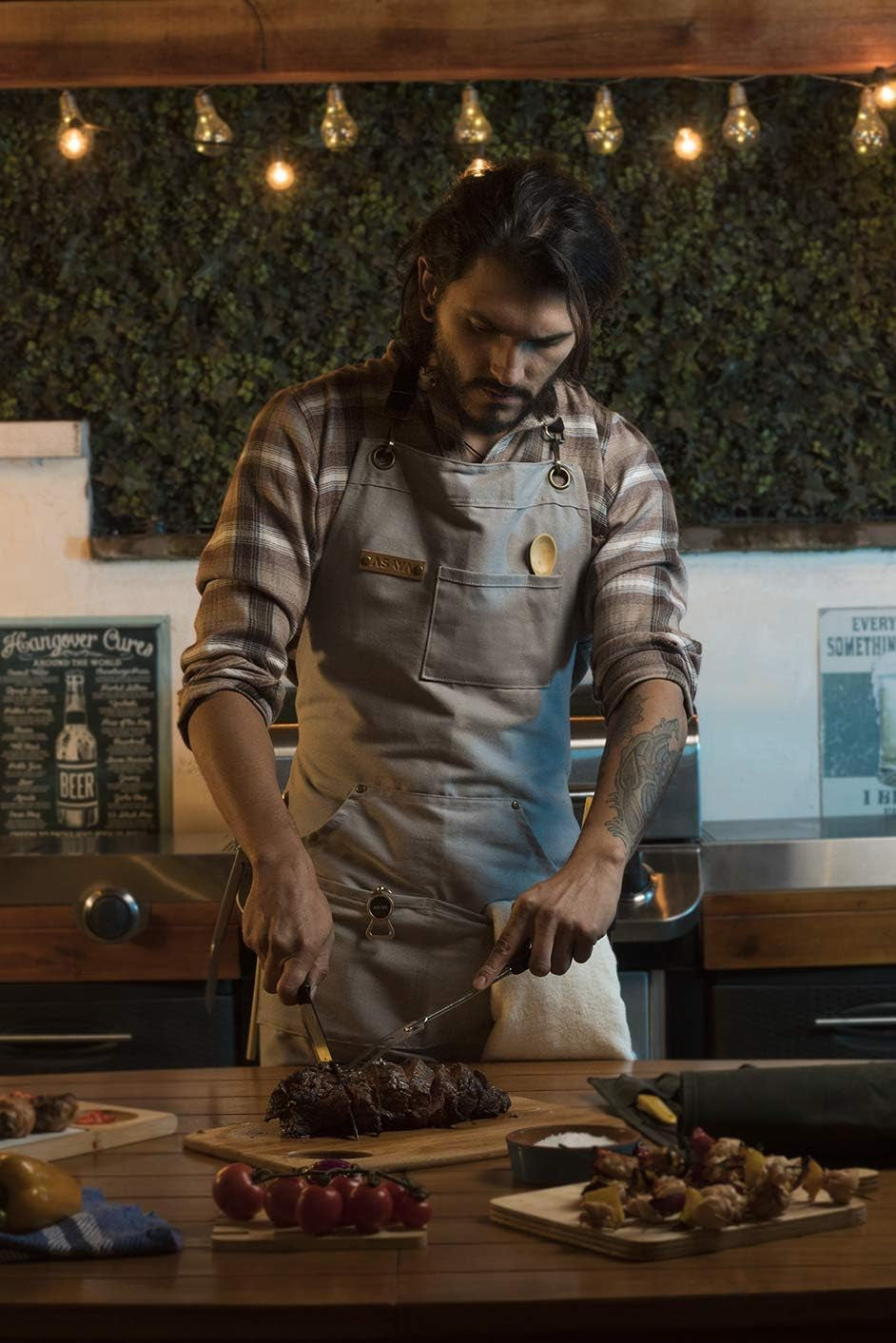 Chef, BBQ and Work Apron with Bottle Opener and Hand Towel -Durable 10Oz Cotton Canvas,Brass Hardware, and Cross Back Straps-Perfect for Men and Women,Grilling, Cooking or in the Workshop(Grey)