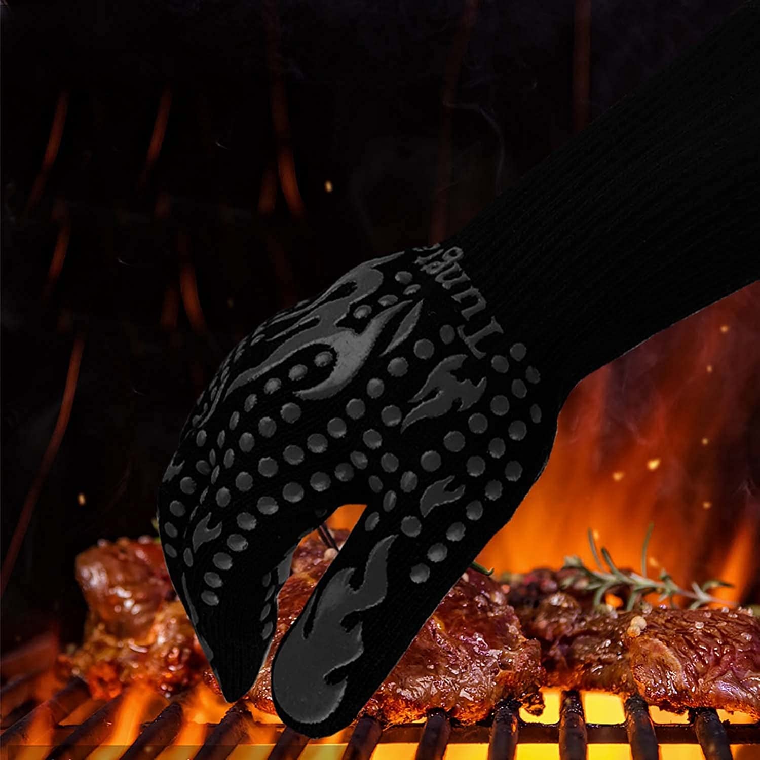 Mitts Oven Gloves with Fingers BBQ Heat Resistant Gloves Oven Gloves 1472℉ 14Inch Cut Resistant Cooking Grill Gloves Silicone Non-Slip Cooking Gloves for Grilling/Baking for Gift (Large, Black)