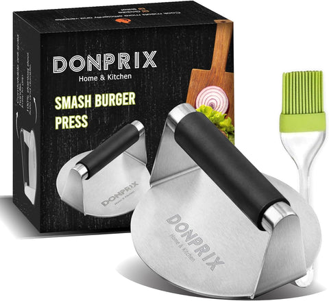 Image of Smash Burger Press Kit with Anti-Scald Handle - Stainless Steel Hamburger Press - 5.5 in round Hamburger Smasher Tool - Burger Smasher for Griddle - Smashburger & Patty Press, Bacon Press, Grill Press
