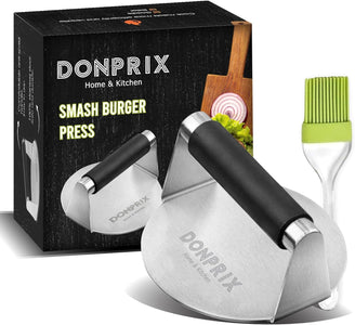 Smash Burger Press Kit with Anti-Scald Handle - Stainless Steel Hamburger Press - 5.5 in round Hamburger Smasher Tool - Burger Smasher for Griddle - Smashburger & Patty Press, Bacon Press, Grill Press