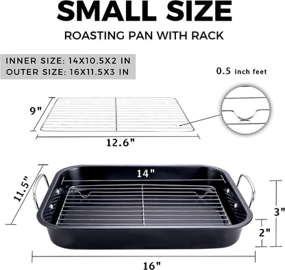 HONGBAKE Small Roasting Pan with Flat Rack, Nonstick Chicken Roaster Tray, Mini Oven Pans for Cooking Lasagna with Stainless Steel Handles, 16 X 11Inch