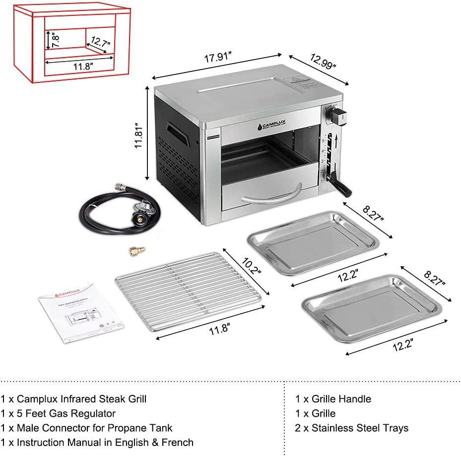 Propane Infrared Steak Grill, 1600℉ Fast Efficient Heating Outdoor Portable Gas Grill with Vertical Cooking, Stainless Steel Single Burner Propane Gas Grill, Perfect for Steak, Ribeyes, Picnic, BBQ