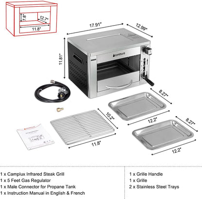 Propane Infrared Steak Grill, 1600℉ Fast Efficient Heating Outdoor Portable Gas Grill with Vertical Cooking, Stainless Steel Single Burner Propane Gas Grill, Perfect for Steak, Ribeyes, Picnic, BBQ