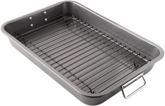 Chef Pomodoro Nonstick Carbon Steel Large Roasting Pan with Rack,Turkey Roasting Pan, Roaster Pan for Oven, Turkey Roaster Pan, Roaster Bakeware Grey