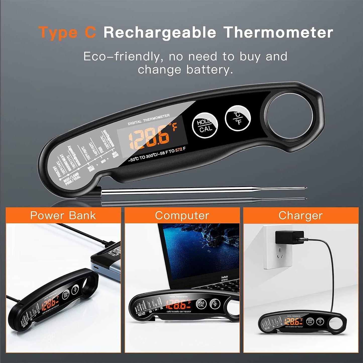 Digital Meat Thermometer,  Rechargeable Instant Read Food Thermometer with Backlight & Calibration, Auto On/Off, Waterproof Cooking Thermometer for Meat, Liquid, Deep Fry, Baking, Oven, BBQ