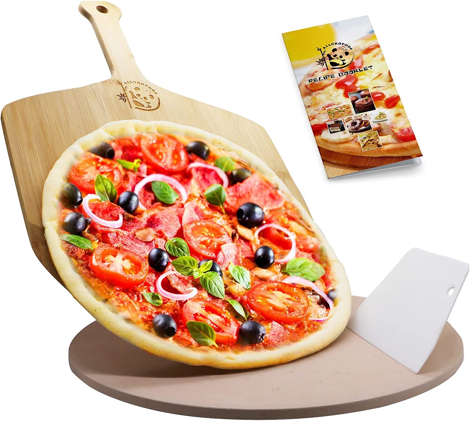 13" round Pizza Stone for Oven and Grill with Bamboo Pizza Paddle, Cleaning Scraper and Recipe Cordierite Baking Stone for Oven Thermal Shock Resistant