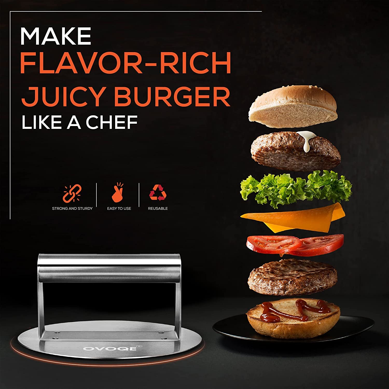 OVOQE 6.2 Inch Heavy Duty Stainless Steel Smash Burger Press, round Stainless Steel Professional Burger Smasher/Hamburger Patty Maker, Griddle Accessories Kit for Flat Top Grill, Rust-Free Easy Clean.