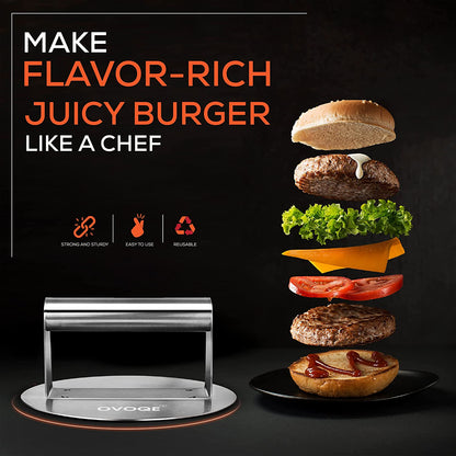 OVOQE 6.2 Inch Heavy Duty Stainless Steel Smash Burger Press, round Stainless Steel Professional Burger Smasher/Hamburger Patty Maker, Griddle Accessories Kit for Flat Top Grill, Rust-Free Easy Clean.