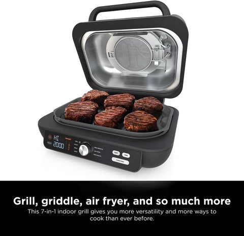 Image of IG601 Foodi XL 7-In-1 Electric Indoor Grill Combo, Use Opened or Closed, Air Fry, Dehydrate & More, Pro Power Grate, Flat Top Griddle, Crisper, Black, 4 Quarts
