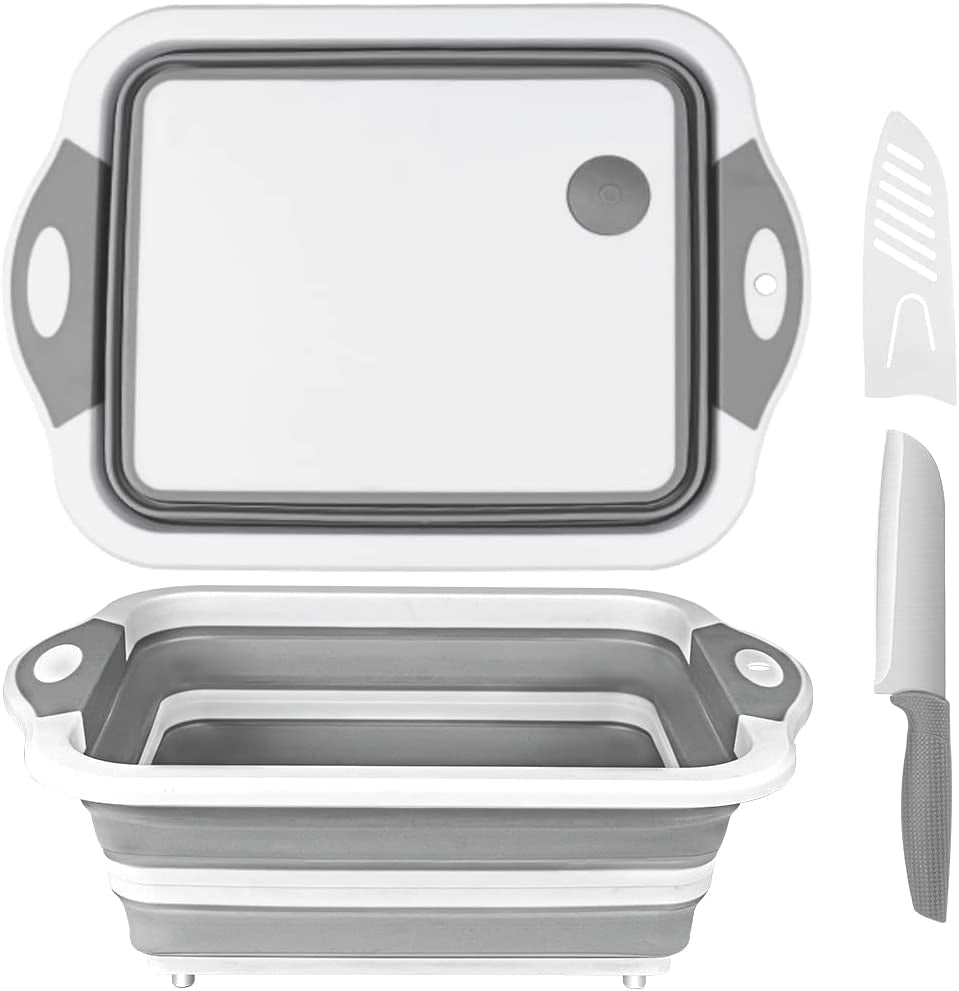 Qimh Collapsible Cutting Board - Foldable Space Saving Multi-Function Kitchen Dish Tub and Camping Sink- Washing and Draining Veggies Fruits Food Grade Storage Basket for Picnic, BBQ Prep and Camping