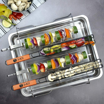 Kebab Grilling Basket & Grilling Skewers Stainless Steel - Kabob Grilling Baskets Set of 4 & 2 Metal BBQ Skewers. Kabob Basket for Veggies, Jumbo Shrimps - Grilling Baskets & Barbecue Skewers