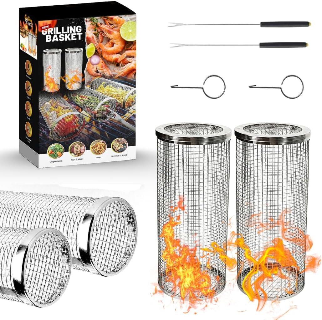 2Pcs Amazing Rolling Grilling Basket - Ultimate Grill Basket for Outdoor Grilling - Grill Baskets for Veggies, Fish, and More - Easy Rolling Design - Durable and Versatile BBQ Accessory - Enhance Your Grilling Experience (3.74"X3.74X11.8")