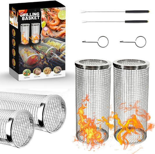 2Pcs Amazing Rolling Grilling Basket - Ultimate Grill Basket for Outdoor Grilling - Grill Baskets for Veggies, Fish, and More - Easy Rolling Design - Durable and Versatile BBQ Accessory - Enhance Your Grilling Experience (3.74"X3.74X11.8")