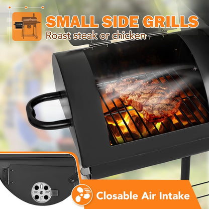 Flamaker Charcoal Grill Outdoor BBQ Grill with Side Oven & Thermometer Barbecue Grill Offset Smoker with Ash Catcher & Cover for Camping Picnics
