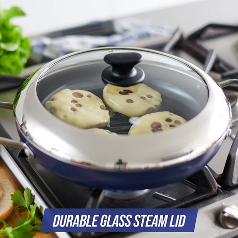 Image of Cookware Diamond Infused Ceramic Nonstick 11" Grill Genie Pan with Lid Pfas-Free Dishwasher Safe Oven Safe Blue